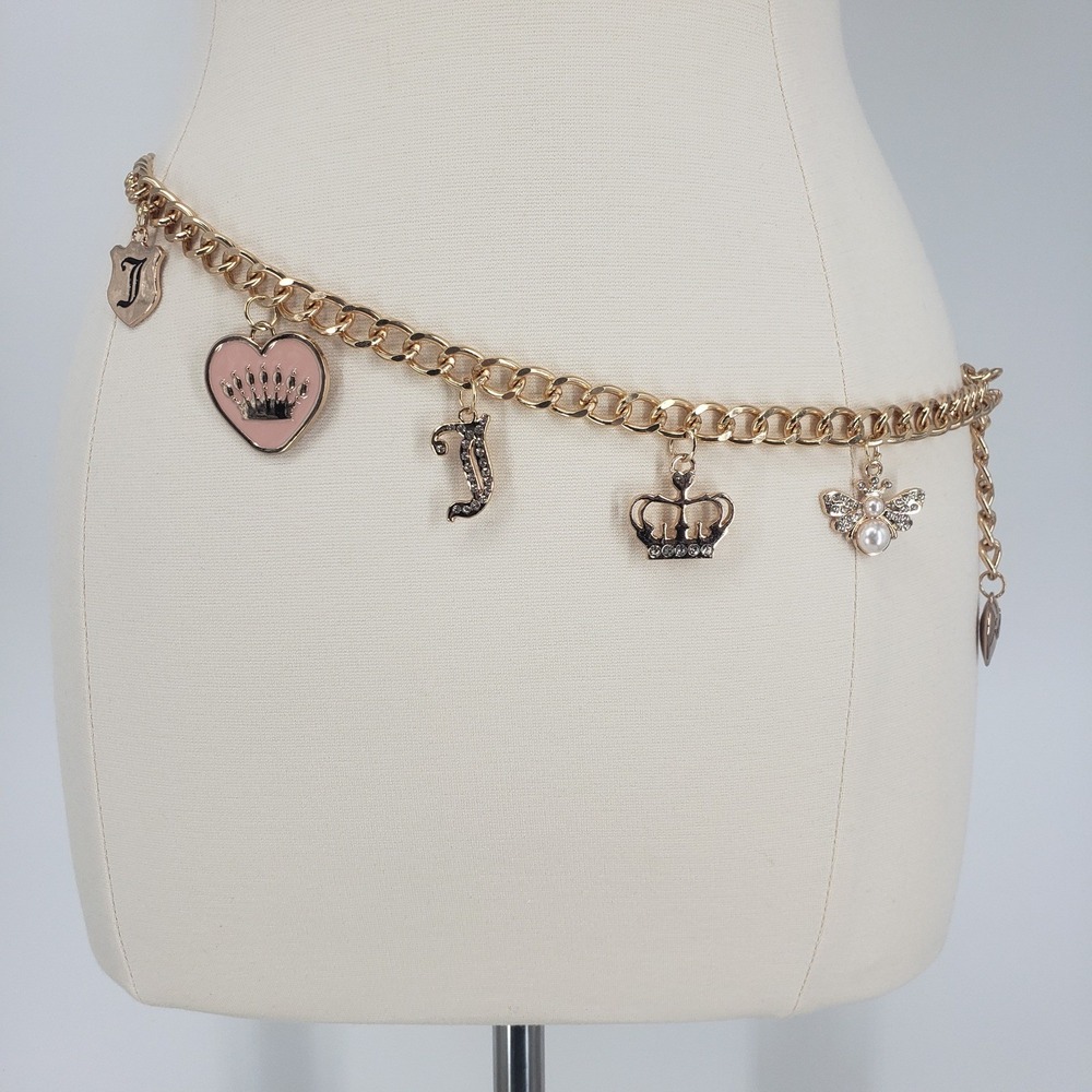 Juicy Couture Charm Chain Belt Women 1X Gold Pink Heart Crown Bee Y2K Rhinestone